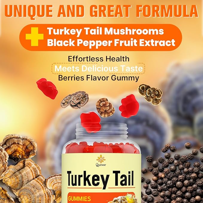 Turkey Tail Mushroom, Turkey Tail (100% Fruiting Body, 40% Beta Glucans) add Black Pepper, Mushroom Gummies for Gut, Energy, Brain & Immune Support, Mixed Berries Flavor | Vegan, Non-GMO, 60ct