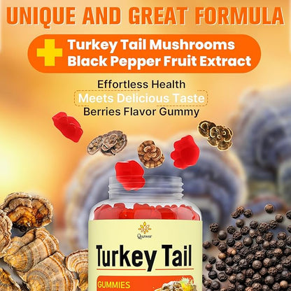 Turkey Tail Mushroom, Turkey Tail (100% Fruiting Body, 40% Beta Glucans) add Black Pepper, Mushroom Gummies for Gut, Energy, Brain & Immune Support, Mixed Berries Flavor | Vegan, Non-GMO, 60ct