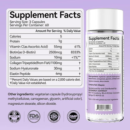 OxyEnergy Collagen Peptides Capsules for Women, 1100mg Hydrolyzed Collagen Tripeptides(Type III) Supplements with Biotin and Vitamin C, 180 Collagen Pills to Promotes Hair, Nail, Skin, 2 Months Supply
