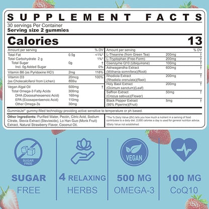 Ashwagandha Saffron Calm Gummies + Omega 3, L-Theanine & CoQ10 for Women Men, Natural Calming Happy Relax Gummies for Adults, Mood Support Supplement Gummy, Strawberry Flavor, Sugar Free, Vegan, 60ct