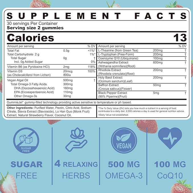Sugar Free Ashwagandha Mood Support Filled Gummies for Women Men, Calm Gummy with Vitamin D3 B6, Vegan Omega 3, L-Theanine, CoQ10 & Rhodiola Rosea, Natural Relax Calming Supplement, Vegan, 120Cts