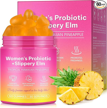 Feminine Probiotics Gummies for Women 60 Count, Vaginal Probiotics Gummies with Slippery Elm, Vegan for Women PH Balance, Gut Health & Immune System, Prebiotics & Lactobacillus Blend Pineapple Flavor