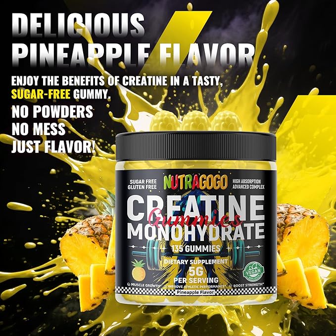 NSF Certified Creatine Gummy - Creatine Monohydrate Gummies for Men & Women-5g of Creatine Monohydrate per Serving - Sugar Free,Vegan, Pineapple Electrolyte Chews, 135 Count