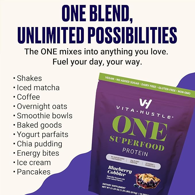 VitaHustle ONE Vegan Blueberry Cobbler Protein Powder - 20g Plant Protein Meal Replacement with 86+ Superfoods & Greens, Probiotics + No Bloat Digestive Blend - Dairy Free, Gluten Free (15 Servings)