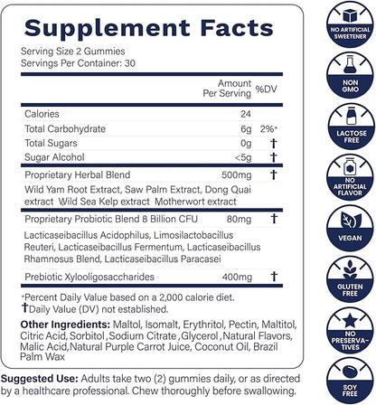 Flora12 Vaginal Probiotics for Women pH Balance Gummies with Prebiotics 8x Billion Probiotics 5x Extracts Saw Palmetto, Dong Quai, Motherwort, Wild Kelp & Yam | Vegan Sugar-Free Gluten-Free, 120 Ct