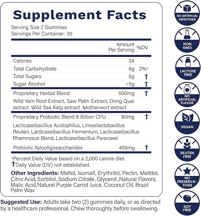 Flora Vaginal Probiotics for Women pH Balance Gummies with Prebiotics 8x Billion Probiotics 5x Extracts Saw Palmetto, Dong Quai, Motherwort, Wild Kelp & Yam | Vegan Sugar-Free Gluten-Free, 60 Ct