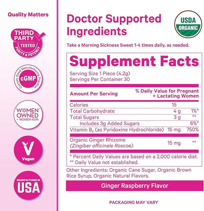 Pink Stork Morning Sickness Sweets, Organic Raspberry Ginger Candy with Vitamin B6, Support for Motion Sickness, Prenatal Heartburn - Pregnancy Must Haves - 30 Wrapped Drops