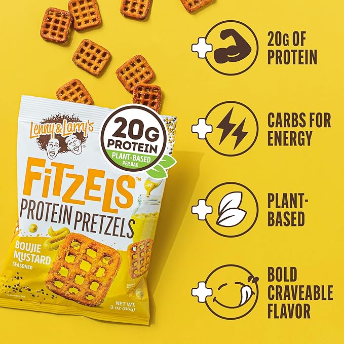 Lenny & Larry's FITZELS Protein Pretzels (Boujie Mustard) 8 Individual Bags 3 oz Each – High Protein Snacks with 20g of Plant Based Protein – Healthy Vegan Pretzels – Delicious Salty Taste