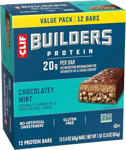 CLIF BUILDERS Protein Bars - Chocolatey Mint - 20g Plant Based Protein - Gluten Free - Non-GMO - Low Glycemic - No Artificial Sweeteners - 2.4 oz. (12 Pack)