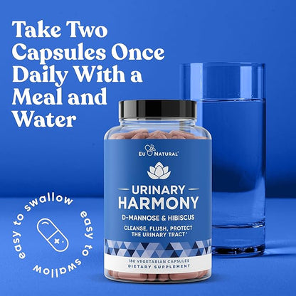 Eu Natural Urinary Harmony D-Mannose Supplement - Urinary Tract Health for Women - Fast-Acting Urinary Cleanse & Flush with Clinical-Strength D-Mannose & Hibiscus - 180 Capsules