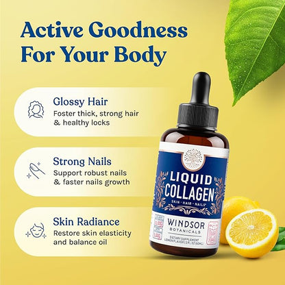 Liquid Collagen for Women and Men with Biotin - 30,000mcg Hydrolyzed Collagen Liquid Peptides Supplement plus Biotin for Hair, Skin, Nail Support - Sublingual Drops or in Drinks - Natural Lemon, 2 oz