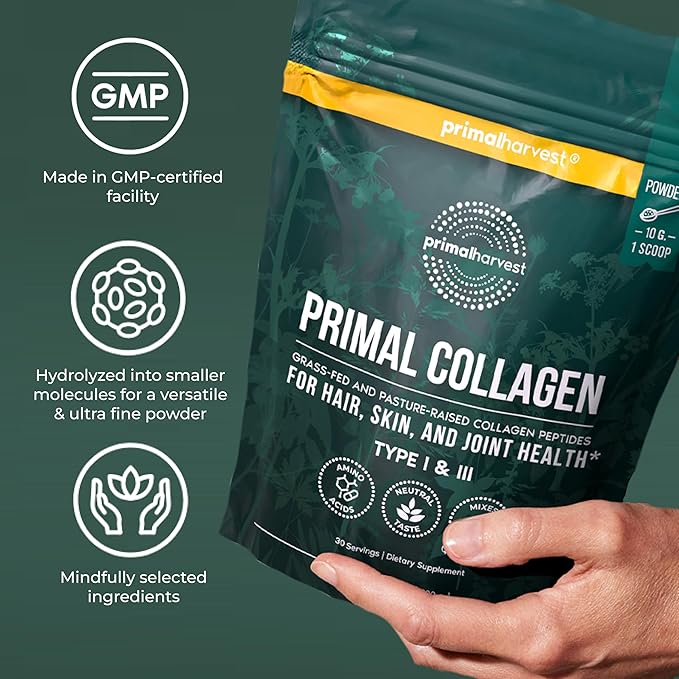Primal Harvest Collagen Powder for Women or Men Primal Collagen Peptides Powder Type I & III, 10 Oz Collagen Protein Powder for Hair, Skin, Nails (Single, Original)