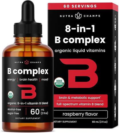USDA Organic Vitamin B Complex Liquid Drops Sublingual B12 Methycobalamin | B1, B2, B3, B5, B6, B7, B9 | Methylated B Vitamins Complex for Women & Men | Biotin, Niacinamide, Folate & Folic Acid, 2oz