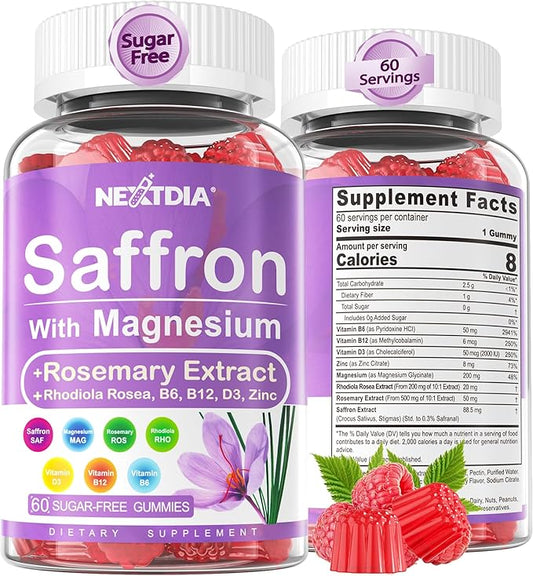 Nextdia Saffron with Magnesium Glycinate Gummies, 2 Months Supply -Sugar Free Magnesium 400/200mg w/Saffron,Rhodiola,Rosemary, B6,B12,D3 for S-leep, Calm,Focus, Relax, Nerve, Melatonin Free Gummies