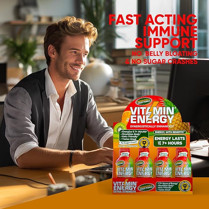 Vitamin Energy Immune+ Extra Strength Energy Shot Fruit Punch 48 Pack, 260mg Natural Caffeine, B-Vitamins, Citicoline, Green Tea, Immunity & Focus Support, Zero Sugar, Gluten-Free 1.93 fl oz