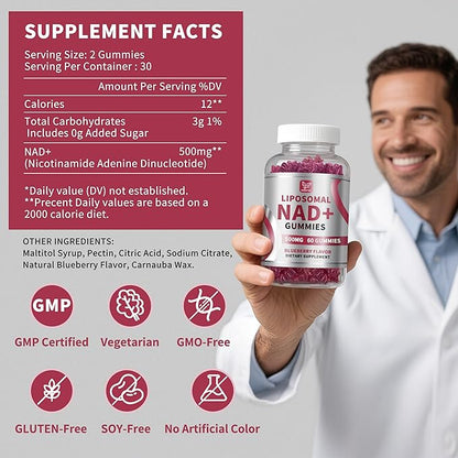 Hudetex NAD Gummies Supplement for Women & Men, Pure 500mg Liposomal NAD - Cell Regeneration, Energy & Metabolism Support, Vegan,Sugar Free，Additives Free, 60 Counts,Blueberry Flavor