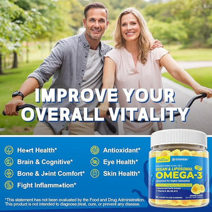 Vegan Omega-3 Gummies 1000mg +CoQ10+Magnesium- EPA 600mg & DHA 400mg, Fish Oil Omega 3 Supplements Alternative for Women Men Adults- Liposomal Form -Algae- Plant Sterols, Garlic,B6,B9, B12, Sugar Free