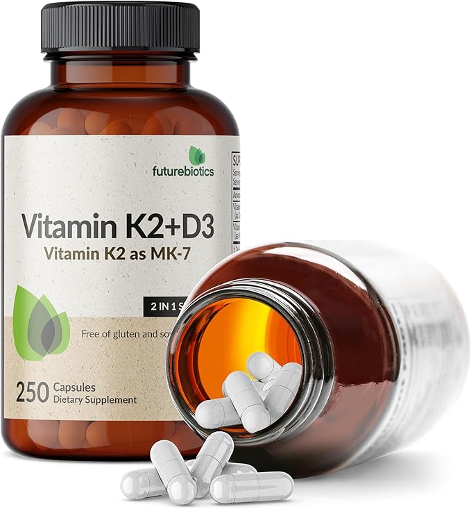 Futurebiotics Vitamin K2 (MK7) with D3 Supplement - Non-GMO Formula - 5000 IU Vitamin D3 & 90 mcg Vitamin K2 MK-7, 250 Vegetarian Capsules