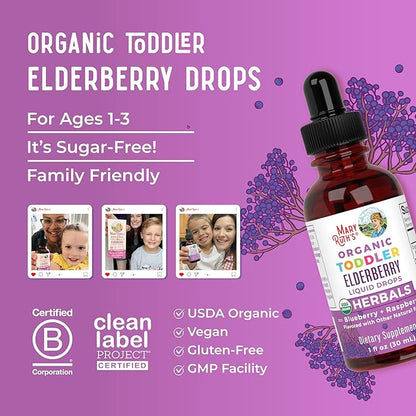 MARYRUTH'S Toddler Elderberry Syrup, USDA Organic Elderberry, Sugar Free Kids Immune Support Supplement for Ages 1-3 Years, Clean Label Project Verified®, Vegan, Non-GMO, Gluten Free, 1 Fl Oz