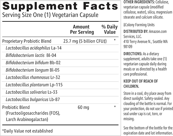 Amazon Basics Probiotic, 5 Billion CFU, No Artificial Colors & Flavors, Gluten-Free, 60 Vegetarian Capsules (Previously Solimo)