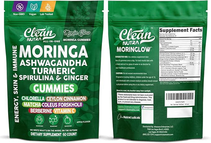 Clean Nutra Moringa Gummies | Pure Moringa Powder Supplement + Ashwagandha Turmeric Spirulina & Ginger Energy, Skin, Immune & Gut Health Green Superfood - Moringa Capsules Alternative