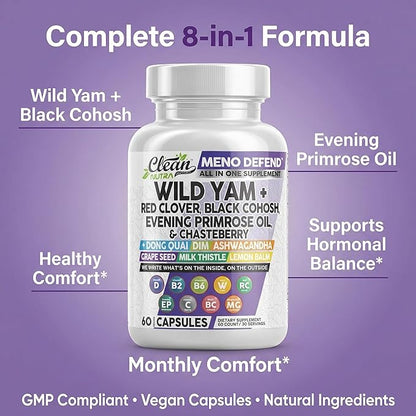 Clean Nutra Wild Yam Root Capsules with Red Clover Black Cohosh Evening Primrose Oil Chasteberry Dong Quai DIM Ashwagandha Grape Seed Extract Milk Thistle Lemon Balm and more Hormone Balance For Women