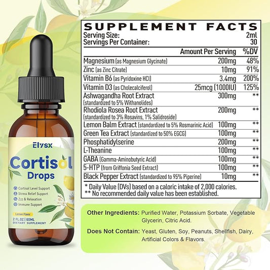 Cortisol Supplements for Women & Men, Cortisol Wellness Liquid Drops for Hormone Balance, Relaxation, Zzz, Stress, Focus Support with Ashwagandha, Rhodiola, L-Theanine, Lemon Flavor, 2 FL OZ