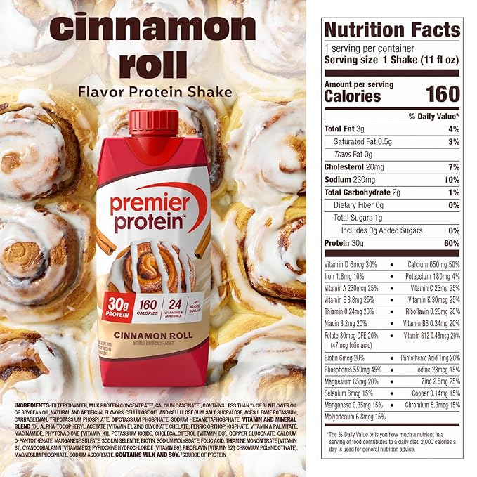 Premier Protein Shake, Cinnamon Roll, 30g Protein, No Added Sugar, 24 Vitamins & Minerals to Support Immune Health, 11 fl oz, 4 Pack