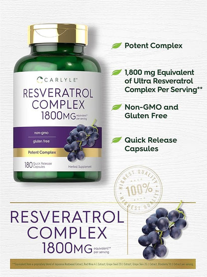 Carlyle Resveratrol Complex - 180 Capsules - Trans Resveratrol Supplement with Grape Seed Extract - Non GMO, Gluten Free