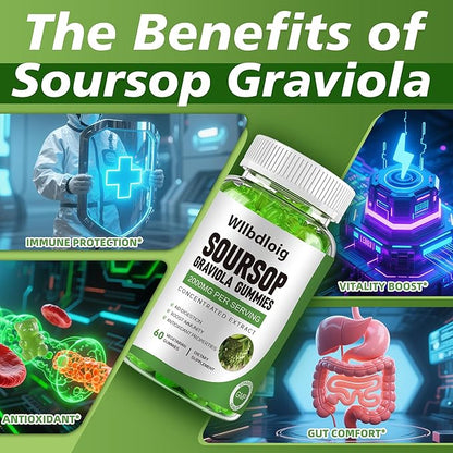 Soursop Graviola Gummies Soursop Leaves Extract- Natural Sour SOP Gummy w/Zinc & Vitamin C-Supports Immunity,Antioxidant,Liver & Digestive,Gluten Free,Vegan,60 Gummies