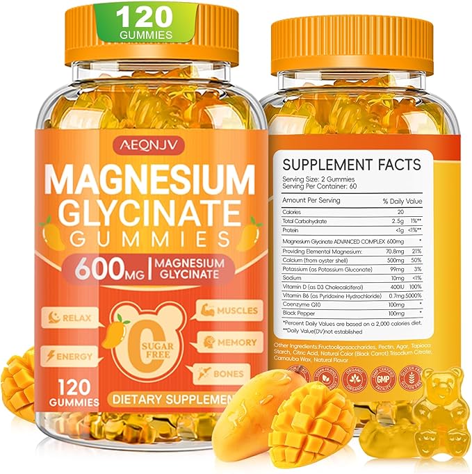 Magnesium Glycinate Gummies 600mg, Chewable Sugar Free Potassium Magnesium Gummies with Magnesium Glycinate, Vitamin D, B6 and CoQ10 for Sleep, Relaxation, Brain & Muscle, 120 Count
