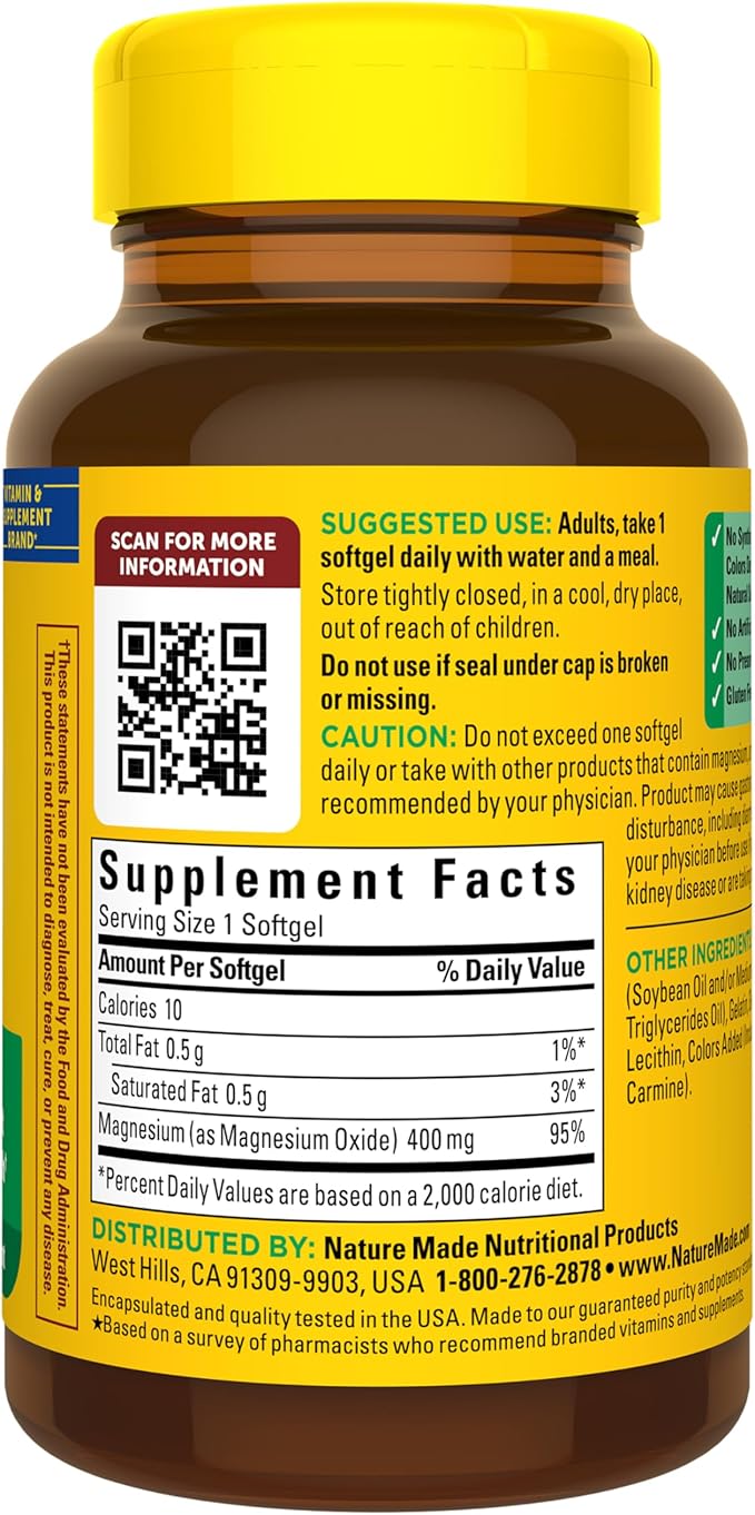 Nature Made Magnesium Oxide 400 mg Softgels, Extra Strength Magnesium Supplements for Men and Women, Support for Muscle, Nerve, Bone and Heart, 60 Day Supply