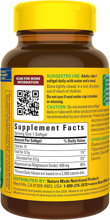 Nature Made Magnesium Oxide 400 mg Softgels, Extra Strength Magnesium Supplements for Men and Women, Support for Muscle, Nerve, Bone and Heart, 60 Day Supply
