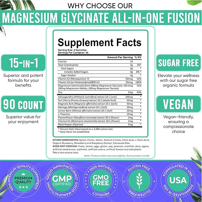 Adndale Magnesium Glycinate 400 mg Gummies with Ashwagandha, Magnesium Malate & Taurate, Tart Cherry, Magnolia Bark, Lemon Balm, Passionflower, Chamomile, L-Theanine, Zinc, Vitamin K2 & D3. 180CT