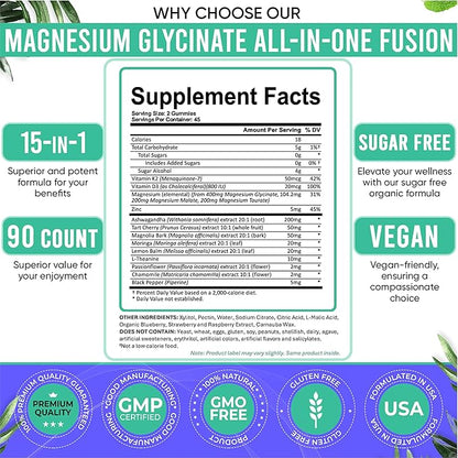 Adndale Magnesium Glycinate 400 mg Gummies with Ashwagandha, Magnesium Malate & Taurate, Tart Cherry, Magnolia Bark, Lemon Balm, Passionflower, Chamomile, L-Theanine, Zinc, Vitamin K2 & D3. 180CT