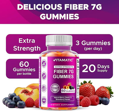 Vitamatic Prebiotic Fiber Gummies for Adults – 2 Pack (Total 120 Gummies) 7g Fiber per Serving | Extra Strength | Zero Sugar Added | Pectin-Based | Digestive Health & Regularity Support