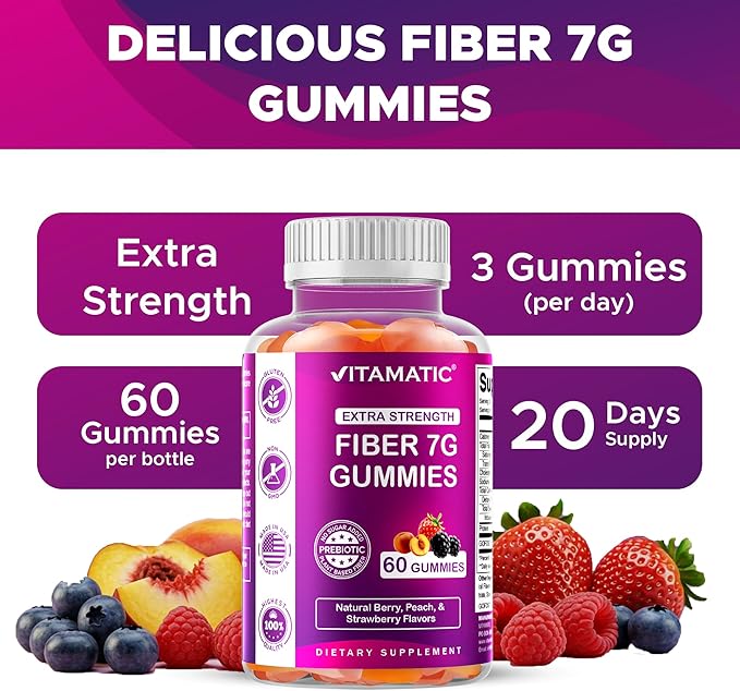 Vitamatic Prebiotic Fiber Gummies for Adults – 7g Fiber per Serving – 60 Pectin-Based Gummies Extra Strength, Zero Sugar Added – Supports Digestive Health & Regularity – Non-GMO, Vegan, Gluten-Free
