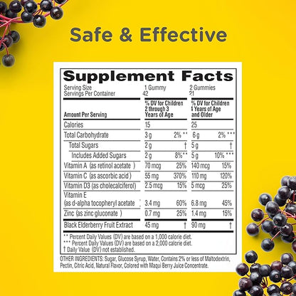 Zarbee’s Kids Elderberry Immune Support Supplement Gummies, Vitamins A C D3 E & Zinc, Elderberry Extract, Gluten & Gelatin Free, No Artificial Flavors, Natural Berry Flavor, Ages 2+, 42 Ct