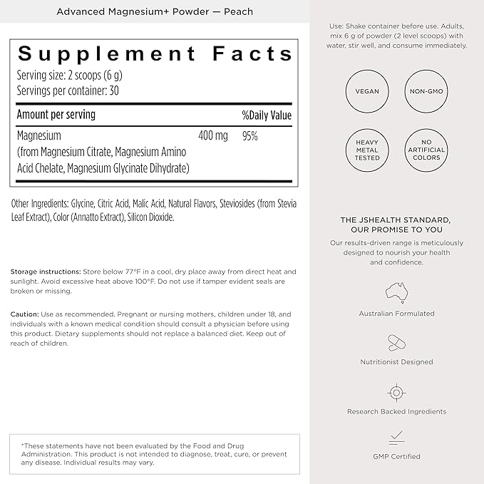 JSHealth Vitamins Advanced Magnesium+ Powder with Magnesium Glycinate & Citrate - 3 Bioavailable Forms, 400 mg/Serving - Peach Flavor