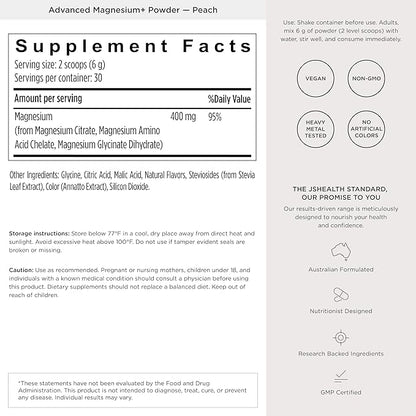 JSHealth Vitamins Advanced Magnesium+ Powder with Magnesium Glycinate & Citrate - 3 Bioavailable Forms, 400 mg/Serving - Peach Flavor