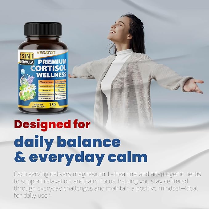 VEGATOT Organic Cortisol Wellness Complex 15-in-1 Formula with Magnesium Ashwagandha St. John's Wort Valerian Rhodiola Rosea Passionflower Chamomile
