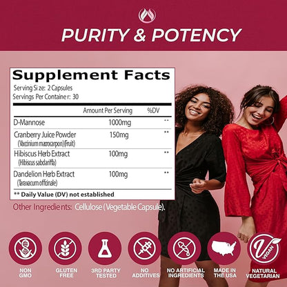 THE ENCLARE NUTRITION D Mannose with Cranberry Pills, Urinary Tract Health UTI Support, Kidney, Bladder, Liver Cleanse, Detox. D-mannose 1000mg Capsules, Cranberry Juice Powder, Dandelion & Hibiscus