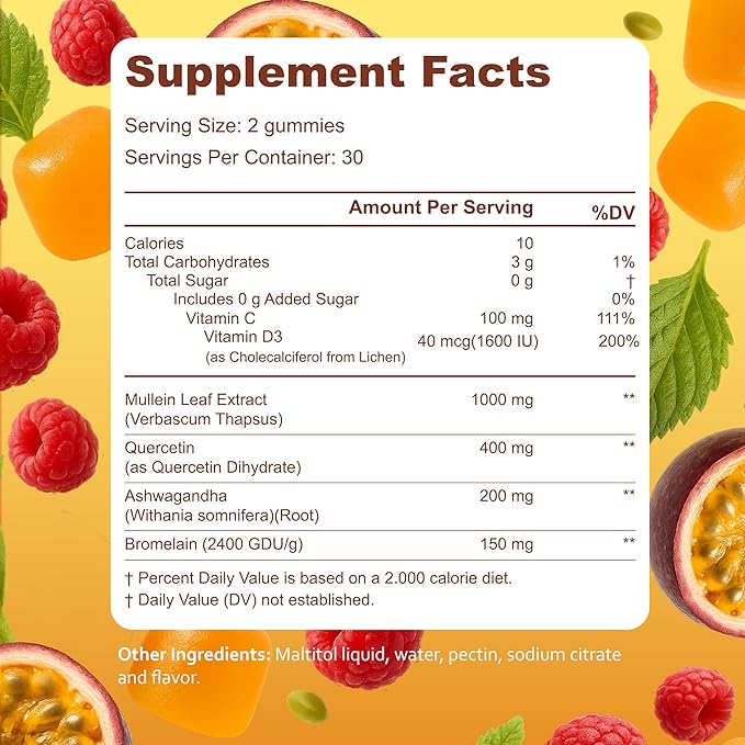 Kynis & co. Mullein Gummies for Overall Wellness – Mullein Leaf Extract, Quercetin, Bromelain, Ashwagandha, Vitamin C & D – Passion Fruit & Raspberry Flavor – 60 Gummies