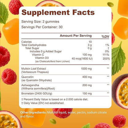 Kynis & co. Mullein Gummies for Overall Wellness – Mullein Leaf Extract, Quercetin, Bromelain, Ashwagandha, Vitamin C & D – Passion Fruit & Raspberry Flavor – 60 Gummies