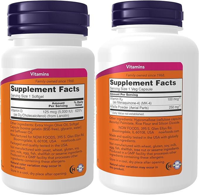 NOW Foods Supplements, Vitamin D-3 5,000 IU, High Potency, Structural Support*, 240 Softgels with Now Supplements, Vitamin K-2 100 mcg, Menaquinone-4 (MK-4), 250 Veg Capsules