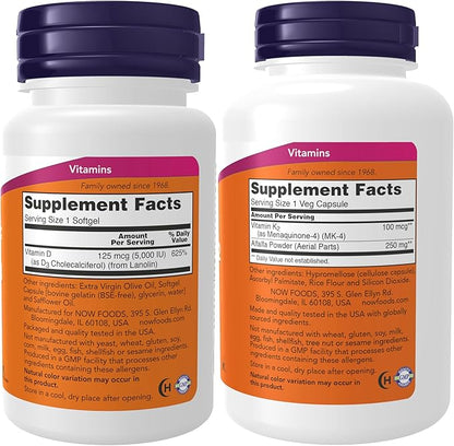 NOW Foods Supplements, Vitamin D-3 5,000 IU, High Potency, Structural Support*, 240 Softgels with Now Supplements, Vitamin K-2 100 mcg, Menaquinone-4 (MK-4), 250 Veg Capsules