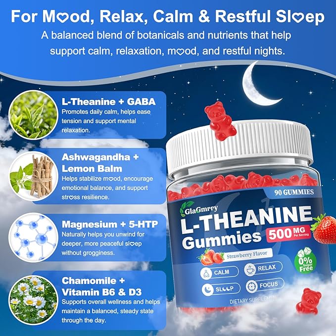 180 Count | L Theanine Gummies, L Theanine Supplement for Adults & Kids, w/Ashwagandha, Magnesium, GABA & 5-HTP, Sugar Free Liposomal Formula for Calm Relax zzZ M♡♡d & Focus, Vegan