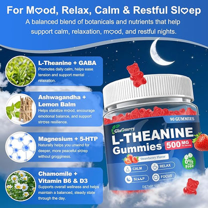 180 Count | L Theanine Gummies, L Theanine Supplement for Adults & Kids, w/Ashwagandha, Magnesium, GABA & 5-HTP, Sugar Free Liposomal Formula for Calm Relax zzZ M♡♡d & Focus, Vegan