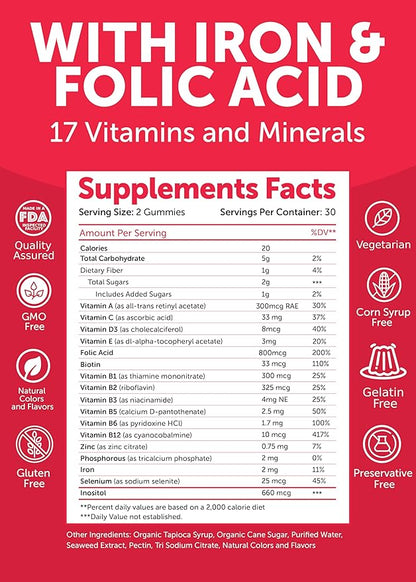 Lunakai USA Made 17-in-1 Prenatal Vitamins for Women with Iron & Folic Acid – Delicious Daily Prenatal Gummies for Maternal Wellness Support, 60ct