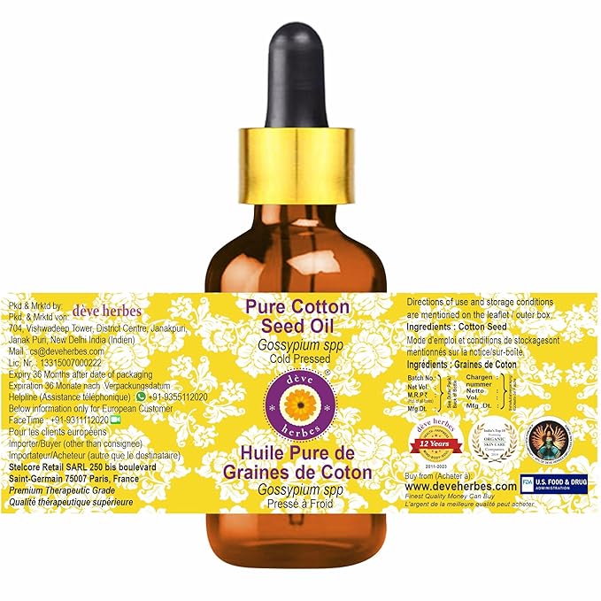 Deve Herbes Pure Cotton Seed Oil (Gossypium spp) with Glass Dropper Cold Pressed 30ml (1 oz)